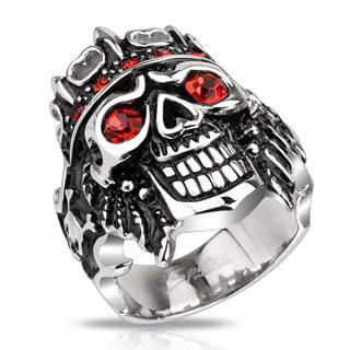 Pirate Skull King with Red CZs Wide Cast Ring Stainless Steel - Size 10 only - www.mensrings.co.nz